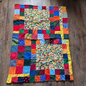 Multicolor Patchwork Twin Quilt with School Theme Handmade